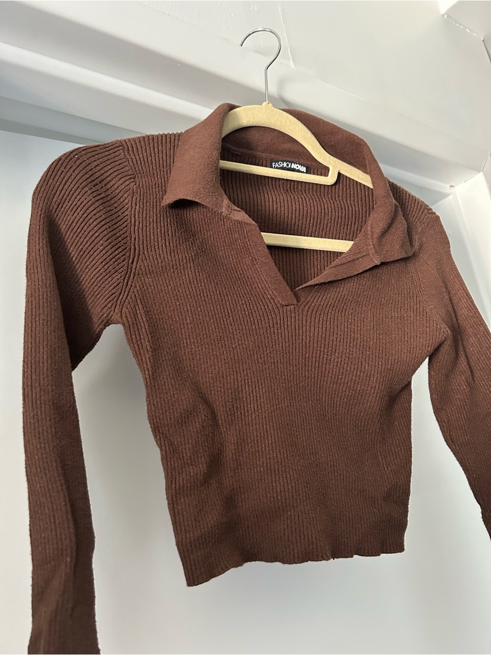 Fashion Nova Brown Ribbed V-Neck Collared Sweater